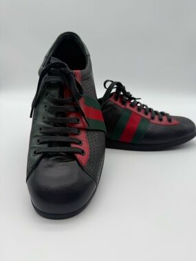 Gucci Ace Black Leather Sneakers with Red & Green Web Stripe - size 37.5